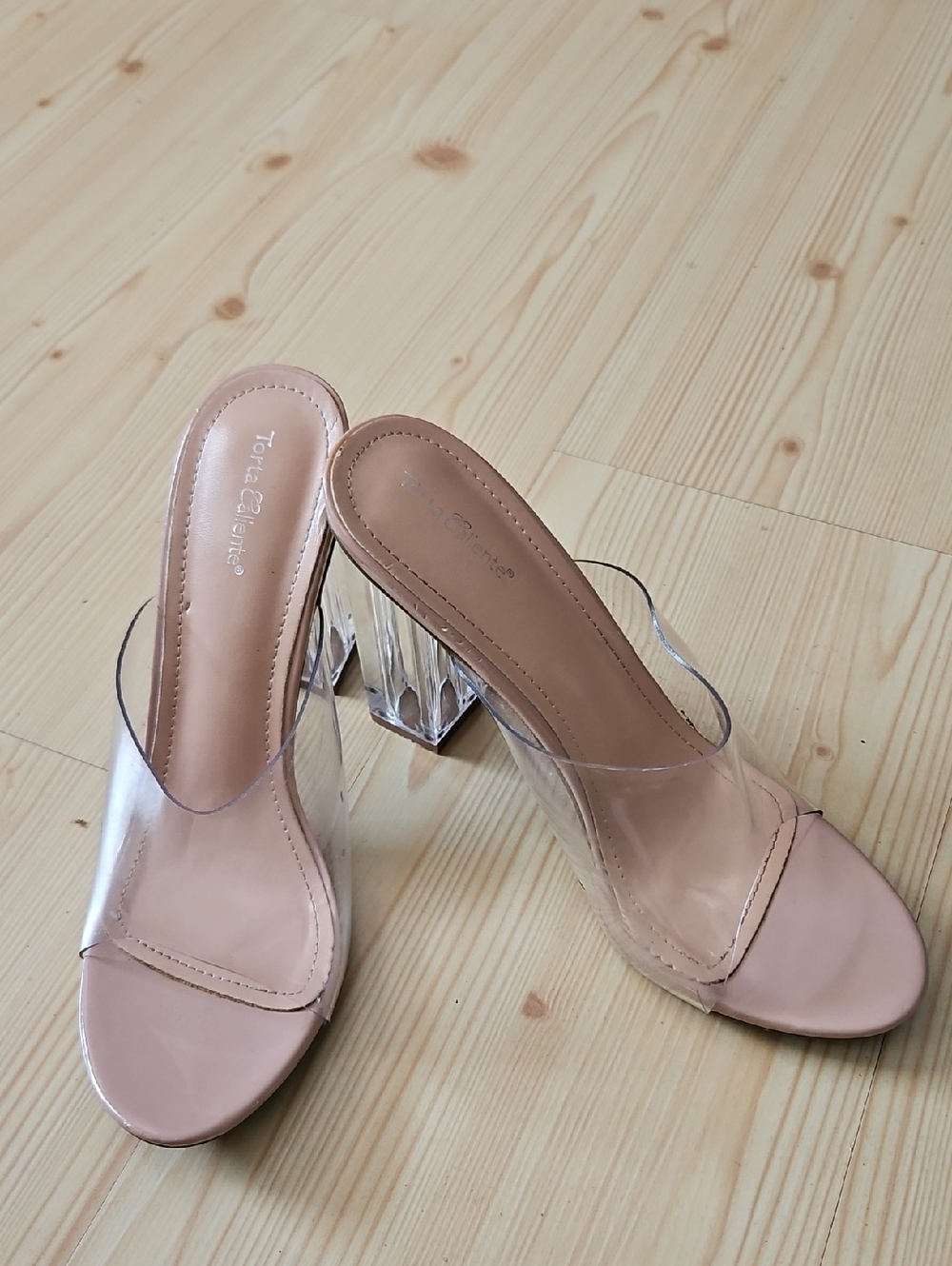 Torta Caliente Nude Clear Strap Block Heel Mule